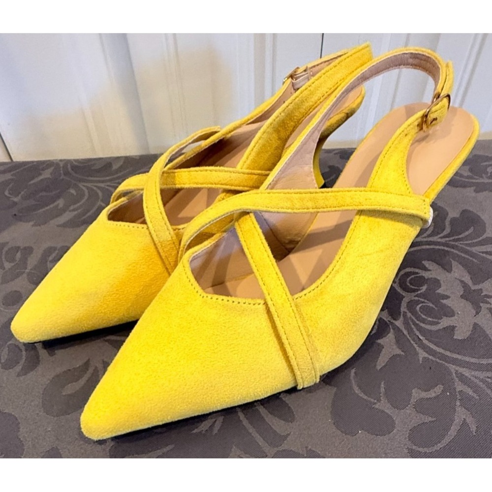 Yellow Suede Slingback Pumps Pointed Toe Kitten Heel Women's EU 40 US 9-10?